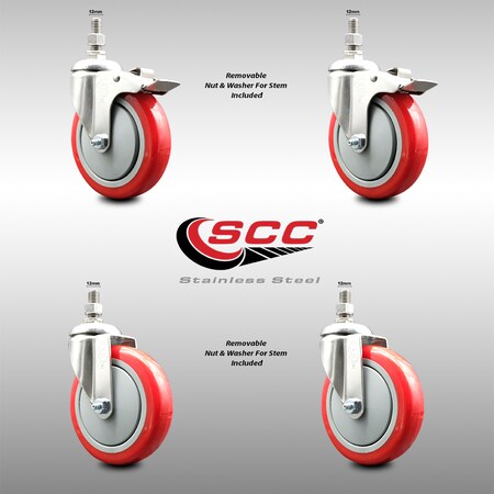 Service Caster 5 Inch 316SS Red Polyurethane 12mm Threaded Stem Caster Lock Brake, 2PK SS316TSTTL20S514-PPUB-RED-M1215-2-S2